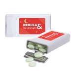 A flip-top tin containing green spearmint mints, with some mints spilled out. The tin features a logo and branding.