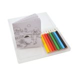 A drawing set featuring a clear case containing colored pencils in red, yellow, green, blue, black, and a coloring booklet.