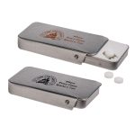 A slider tin containing sugar-free breath mints, featuring a metallic silver finish and a logo on the lid.