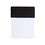 A black notepad with a sleek cover and blank white sheets for note-taking. It features a branding logo on the cover.