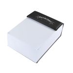 A notepad featuring a black cover with a logo and white paper, designed for office use.