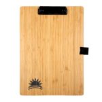 A bamboo A4 clipboard with a black clip and a logo on the bottom corner. The surface has a natural wood finish.