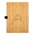 A bamboo A4 clipboard with a smooth surface, featuring a black clip and an embossed logo.