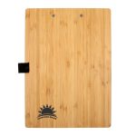 A bamboo A4 clipboard with a black clip and a logo on the bottom. The surface has a natural wood grain finish.