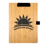 A bamboo A4 clipboard featuring a natural finish and a black clip, with a logo printed on the surface.