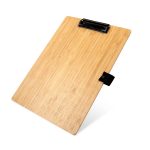 A bamboo A4 clipboard with a black clip and strap, showcasing a natural wood finish.