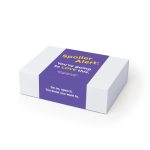 A rectangular white box with a purple label, featuring text and a logo. The box has a smooth surface.