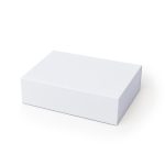 A large white magnetic gift box with a simple design and a smooth surface. It features a branding logo.