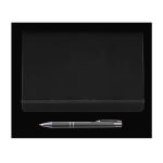 A sleek black notebook with an elastic closure, paired with a silver-accented pen.