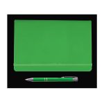 A green folder and a matching green pen are displayed together. The folder has an elastic band to keep it closed.