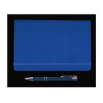 A blue folder with an elastic closure accompanied by a silver pen.