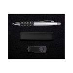 A gift set featuring a sleek pen with decorative accents, a compact USB flash drive, and a stylish box for presentation.