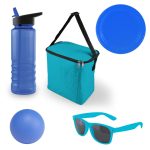 A blue drink bottle, turquoise cooler bag, blue plate, blue ball, and turquoise sunglasses arranged together.