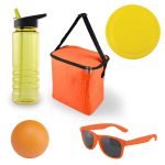 A yellow drink bottle, orange cooler bag, orange ball, yellow frisbee, and orange sunglasses arranged together.