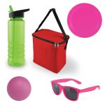 A green drink bottle, red cooler bag, pink frisbee, pink ball, and pink sunglasses. The cooler bag has a strap.