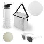 A clear drink bottle, white cooler bag, a frisbee, a green ball, and white sunglasses.