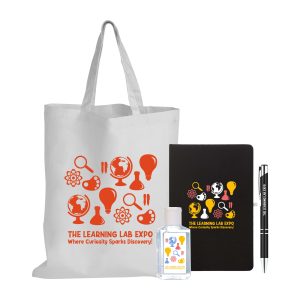A gray tote bag, a black notebook, a clear bottle, and a black pen, all featuring various designs and a logo.