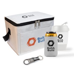 A white cooler bag with a logo, a drink can with a sleeve, and a cup, accompanied by a bottle opener.