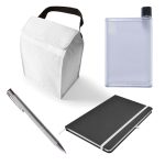 A cooler bag with a handle, a clear drink bottle, a silver pen, and a black notebook with a strap.