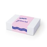 A white box with pink and blue design featuring a logo. The text includes playful phrases and a wrap-around band.