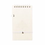 A white notepad made from recycled materials, featuring a spiral binding and a secure closure. It includes a pen.