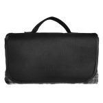A black picnic blanket with a carry handle, featuring a textured surface and a compact design.