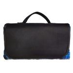 A black leisure picnic blanket with a blue tie-dye underside, featuring a carry handle.