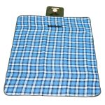 A blue and white checked picnic blanket with a dark green trim and a small attached pouch.