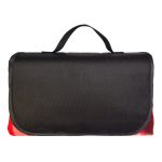 A red and black picnic blanket with a carrying handle and a smooth exterior. Includes a logo on the side.