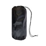 A black polar blanket packed in a portable storage bag with a drawstring closure.