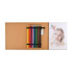 A pencil drawing set featuring 12 colored pencils in various shades and an illustration of a girl on the side.