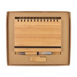 A bamboo notebook, pen, and pencil set in a brown cardboard gift box. Features a spiral binding and a minimalist design.