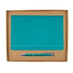 A teal notebook and a matching pen presented in a cardboard gift box. The notebook features an elastic band closure.