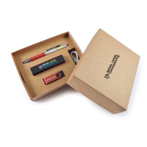 A promotional gift set in a brown cardboard box containing a pen, USB drive, and keyring. The items feature various colours.