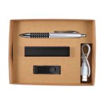 A gift set containing a pen, a power bank, a USB charging cable, and a flash drive, all presented in a cardboard box.