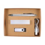 A cardboard gift set containing a silver pen, USB drive, power bank, and charging cable.
