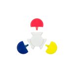 A set of four spinner highlighters in red, blue, yellow, and a central white holder.