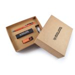 A cardboard gift box containing an orange pen, a USB drive, and a black flash drive, all with branding.