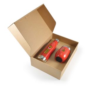 A drink bottle and a cup are presented in a cardboard gift box. Both items are red with a black logo on them.