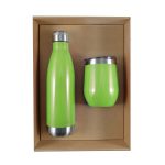 A green drink bottle and matching cup are arranged in a cardboard gift box. The bottle has a stainless steel bottom.