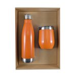 A drink bottle and a mug set in vibrant orange, presented in a cardboard gift box. The bottle features a stainless steel base.