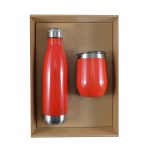 A drink bottle and a drinking cup in a vibrant red color, presented in a cardboard gift box.