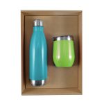 A drink bottle in teal and a green cup are displayed in a cardboard gift box. The bottle has a stainless steel bottom.