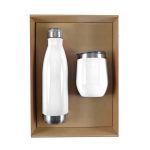 A drink bottle and a cup in white, presented in a cardboard gift set. Both feature stainless steel accents.