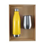 A drink bottle in bright yellow and a stainless steel cup are presented in a kraft cardboard gift box.