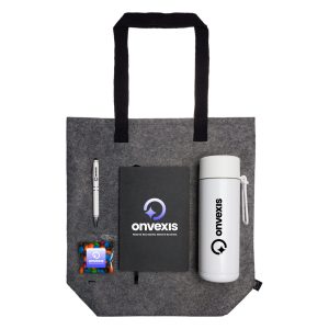 A grey tote bag containing a pen, notepad, drink bottle, and a pack of colourful treats, featuring a logo.