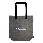 A grey tote bag with black handles and a logo on the front. Ideal for carrying various items.