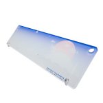 A translucent desk mat featuring a gradient blue and white design with a mountain and sun illustration, plus branding.