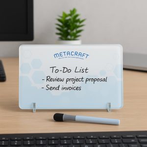 A whiteboard desk sign in light blue with a black marker, featuring a to-do list in black writing.