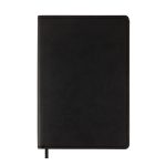 A sleek black Genesis A5 Notebook featuring a minimalist design with a stitched spine and a ribbon bookmark.